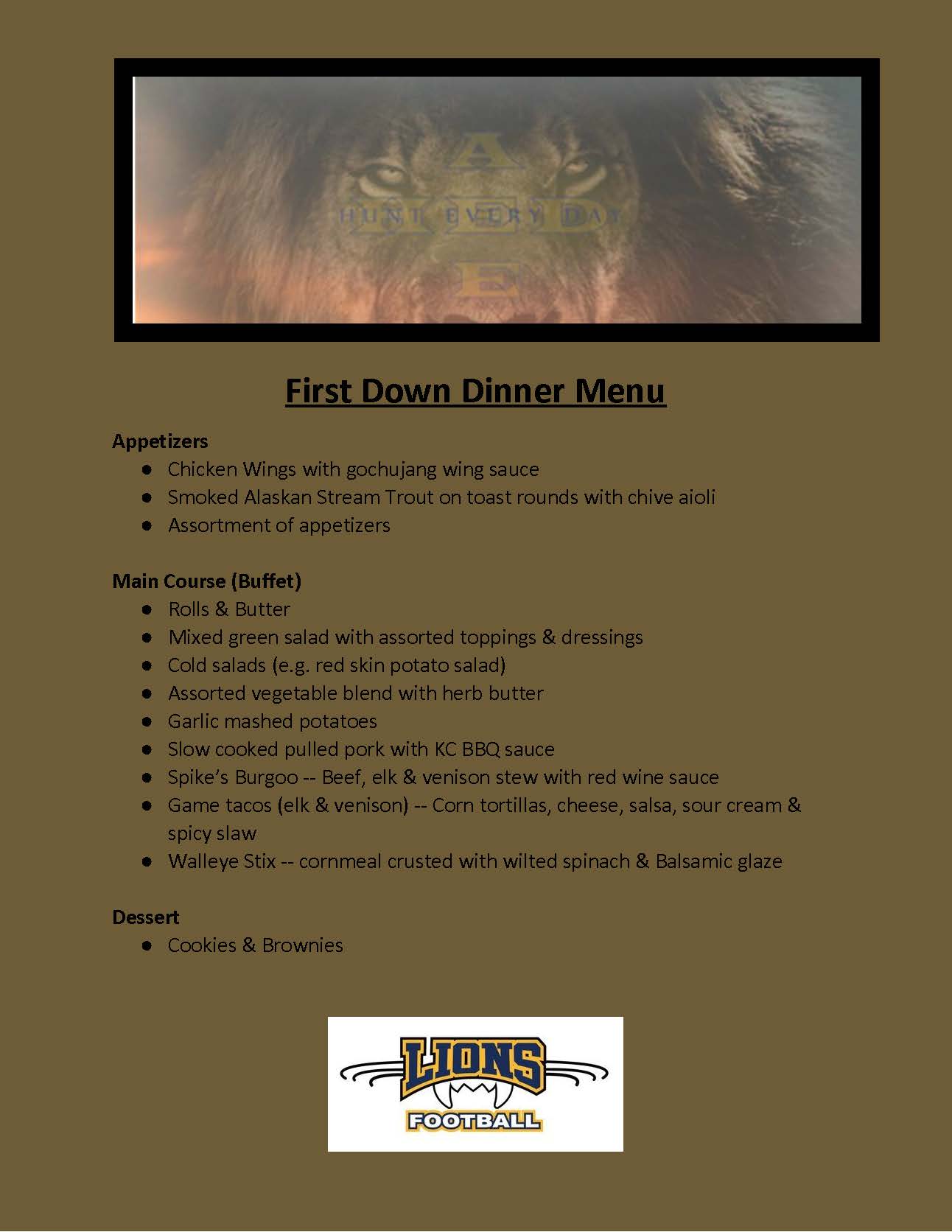 South Lyon First Down Dinner Menu South Lyon First Down Dinner Menu